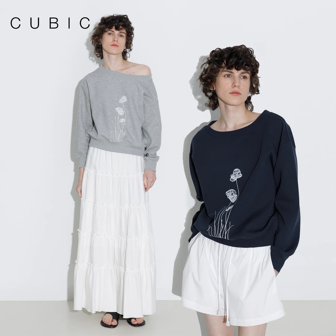 CUBIC春日小苍兰 斜肩一字肩蕾丝贴布绣花中短款休闲百搭卫衣上衣