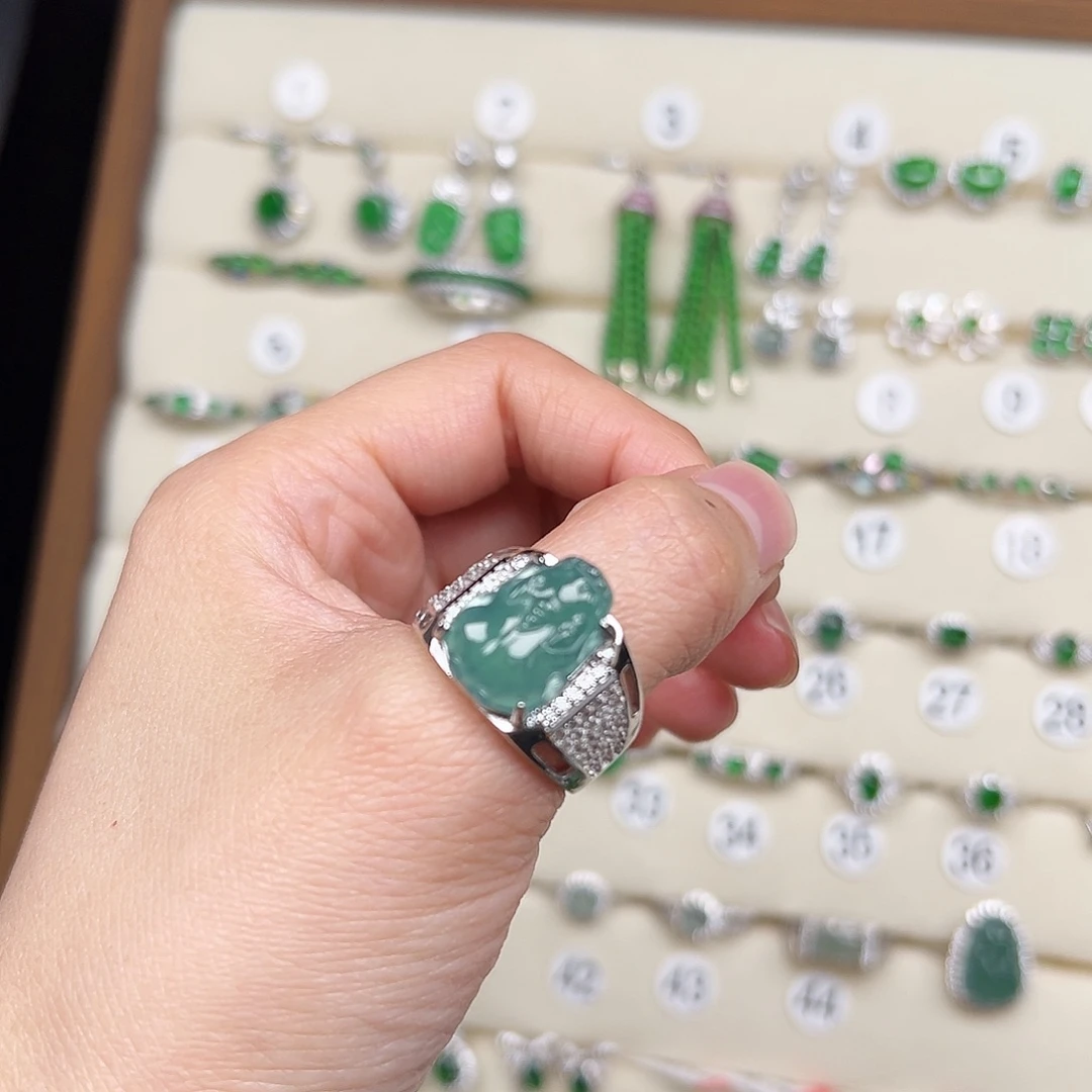 翡翠银S925镶嵌戒指天然