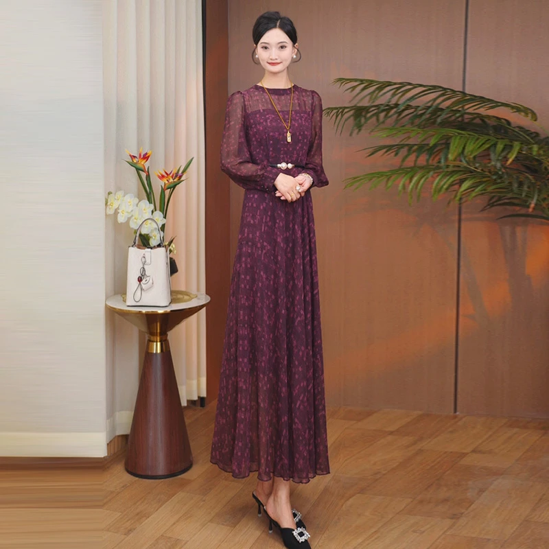 2025秋季新款紫红色连衣裙修身时尚优雅季妈妈装气质连衣裙温柔