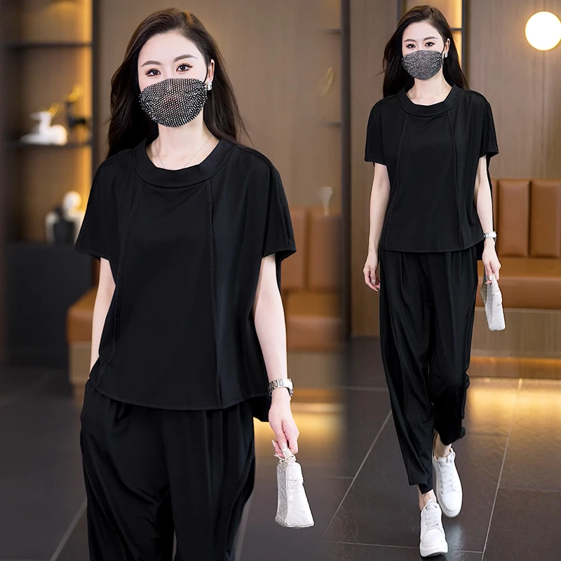 2025夏装新款时尚洋气遮肉显瘦遮肉休闲两件套气质大码女装套装