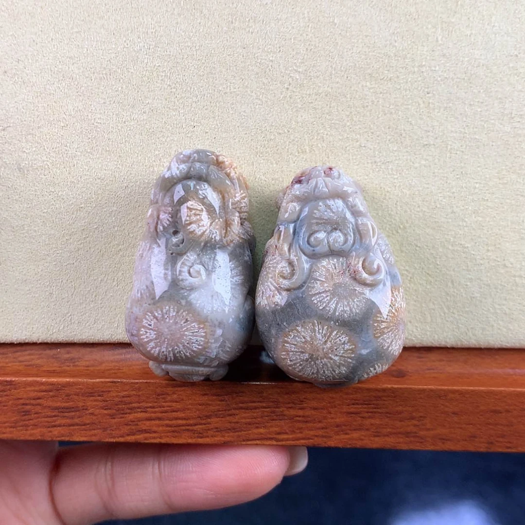 【闪购商品】硅化珊瑚（珊瑚玉）未镶嵌颈饰13号一对貔貅龙龟