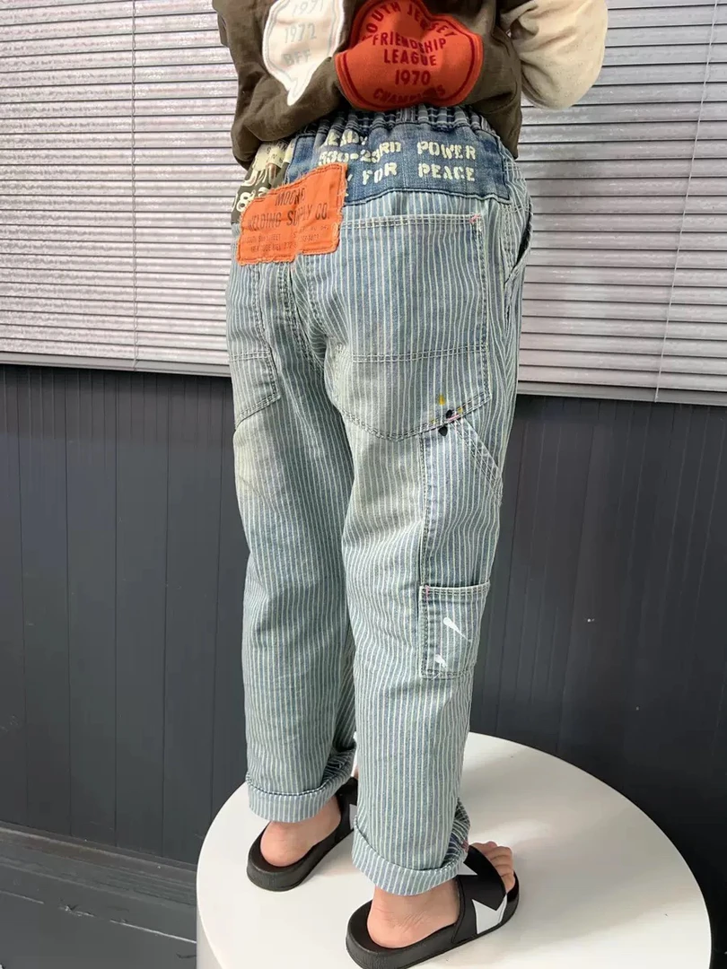 【旺崽童装】DD家春装新品儿童做旧泼墨拼色柔软竖条纹牛仔裤