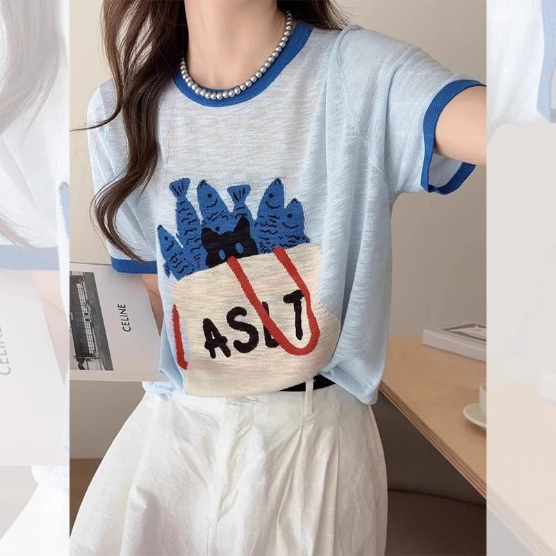 夏季新款竹节麻蓝色卡通薄款短袖T恤韩系超好看独特漂亮针织衫女