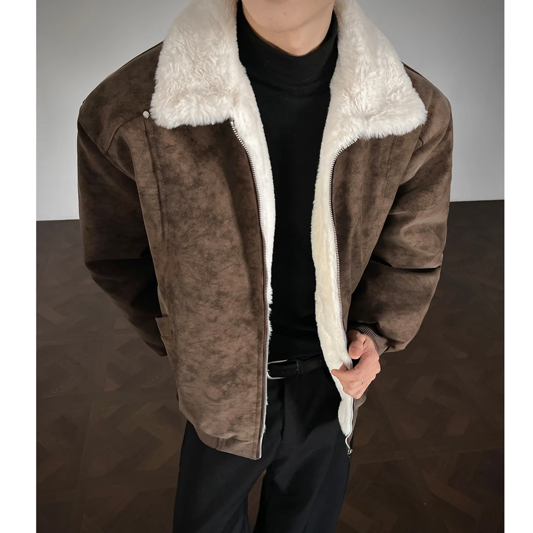 HN潮牌-冬季美拉德羊羔绒雾面PU皮棉服加绒加厚保暖百搭情侣棉衣