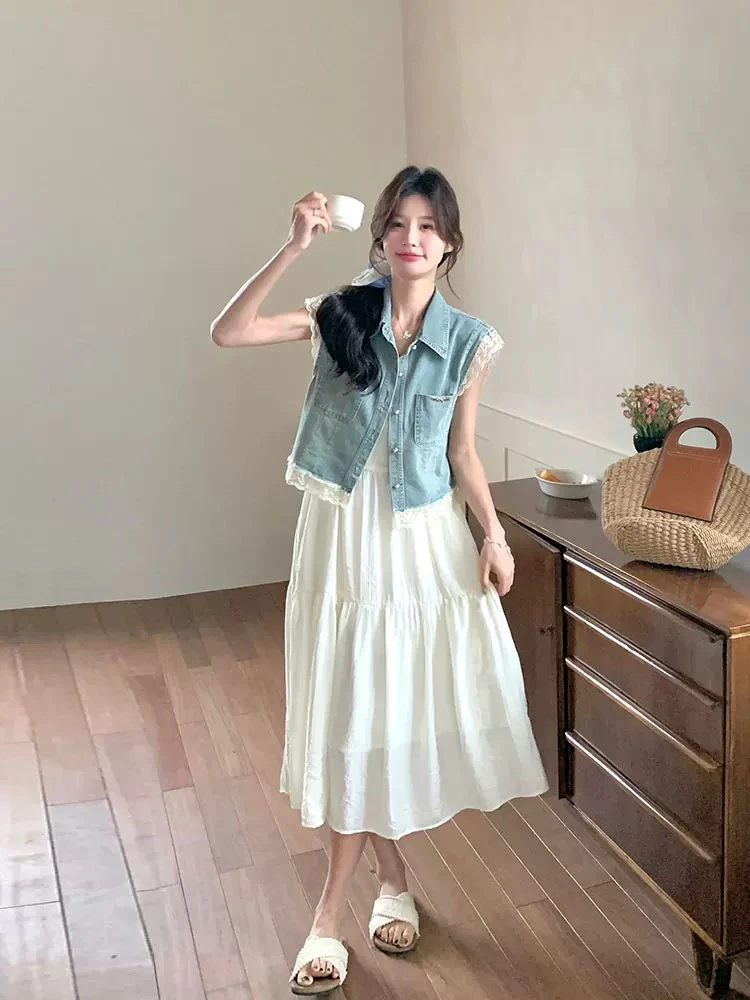 蕾丝牛仔马甲吊带连衣裙套装2025新款女夏流行漂亮减龄气质一整套
