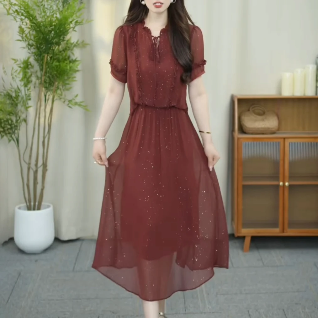 3642#时尚夏季短袖连衣裙女2025轻奢减龄爆款流行大码显瘦长裙子