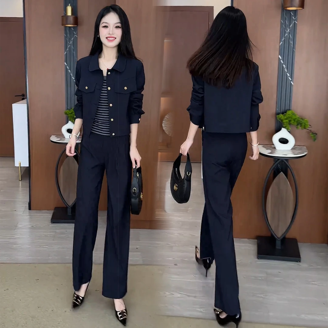 时尚洋气套装女2025秋季新款休闲显瘦短外套条纹背心阔腿裤三件套