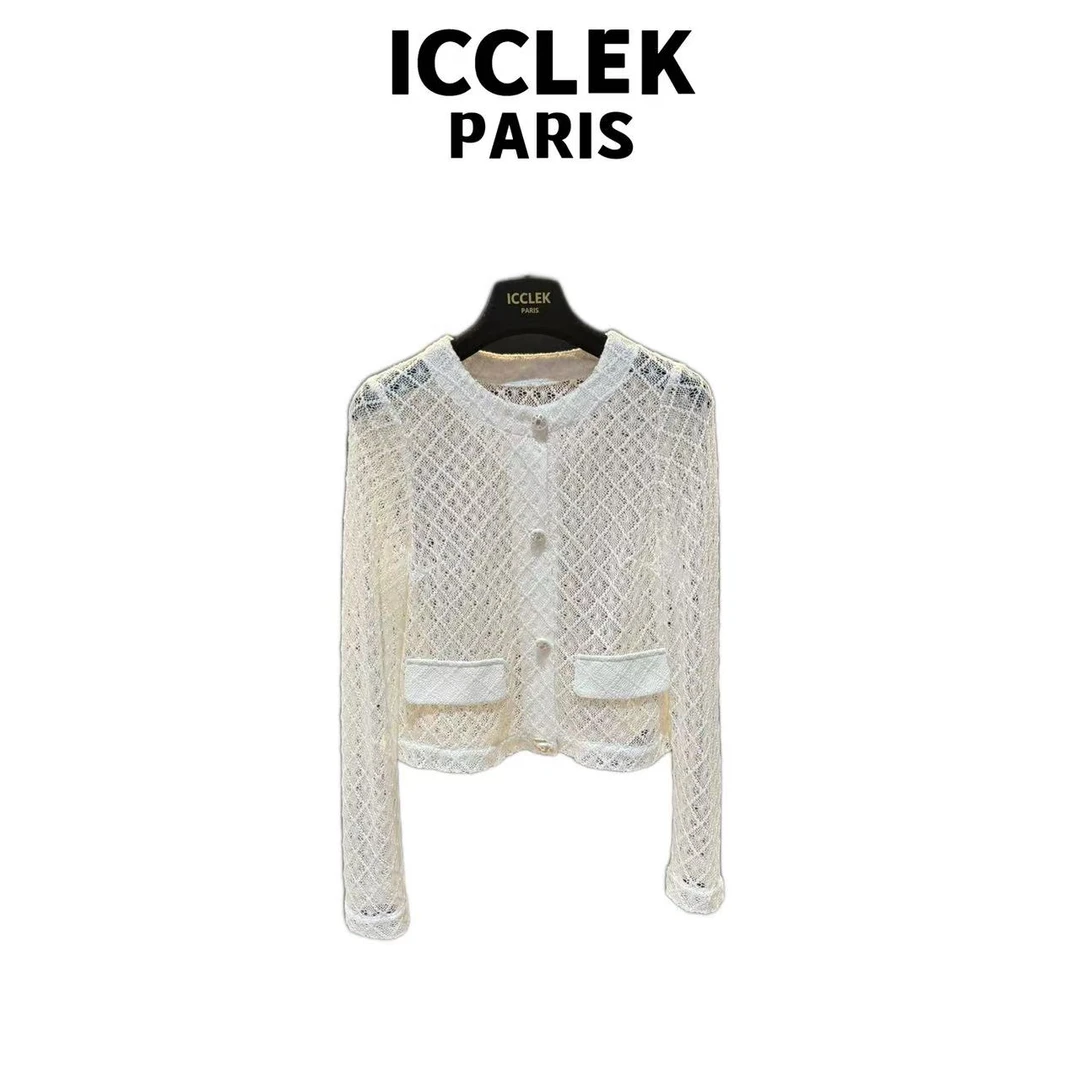 ICCLEK 白色圆领镂空长袖针织衫气质轻奢名媛 夏季防晒 -5792