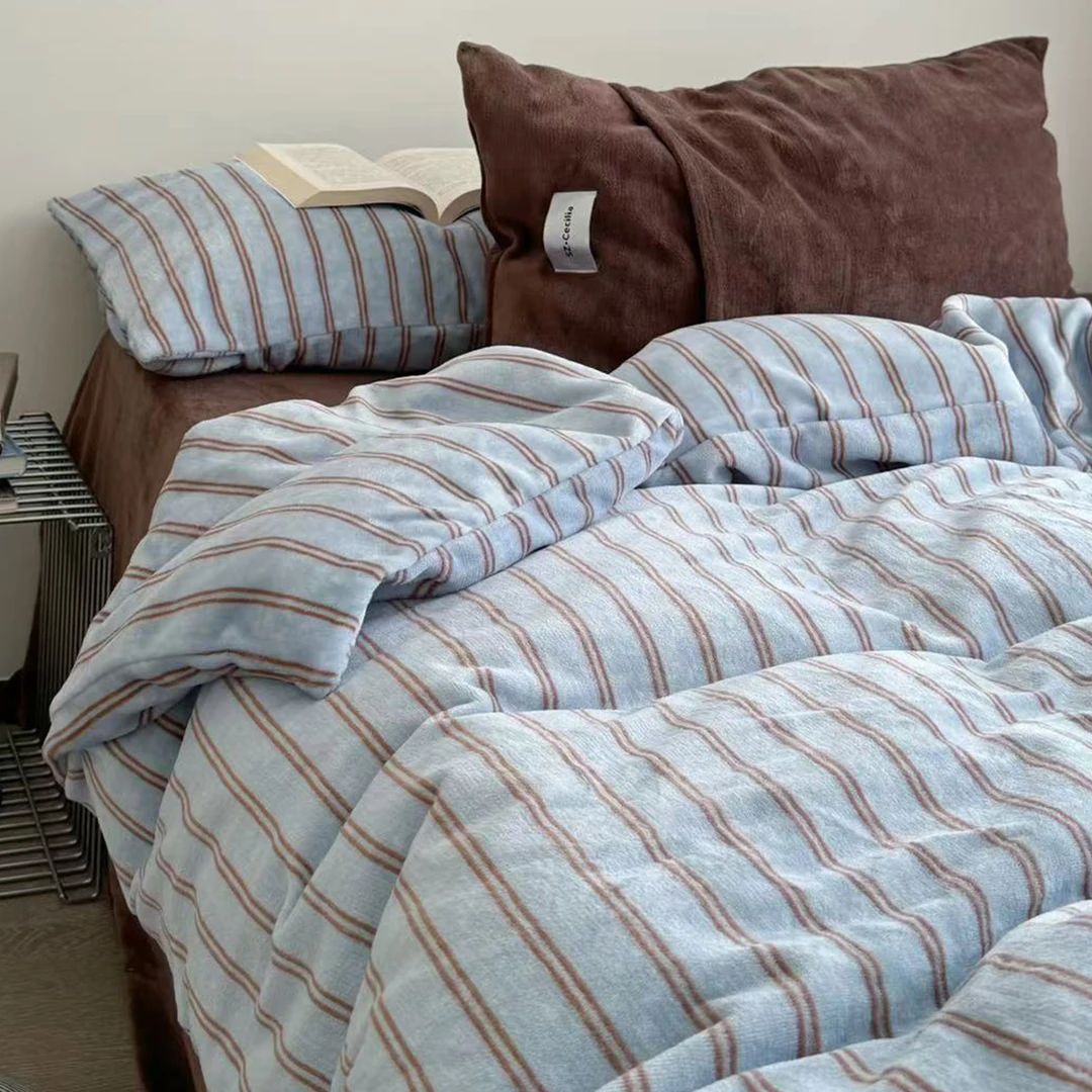 复古条纹牛奶绒床上四件套冬季加厚珊瑚绒面被套双面绒床单三件套