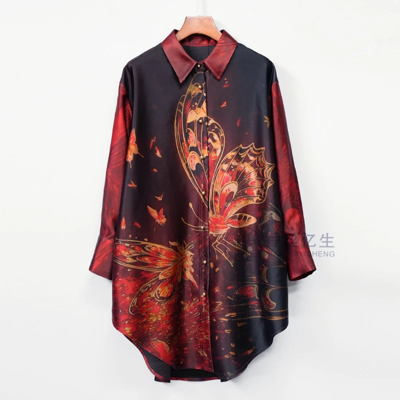 蝴气蝶加！香云纱重磅90姆米新年大皮子定位花战袍女士衬衫X3097