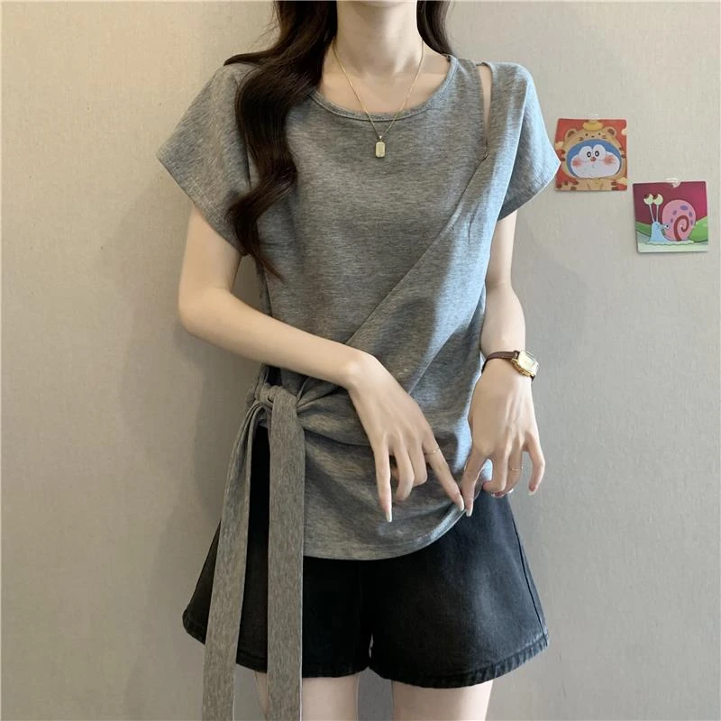 大码女装遮肚子不规则绑带正肩短袖T恤女胖妹妹显瘦遮肉别致上衣