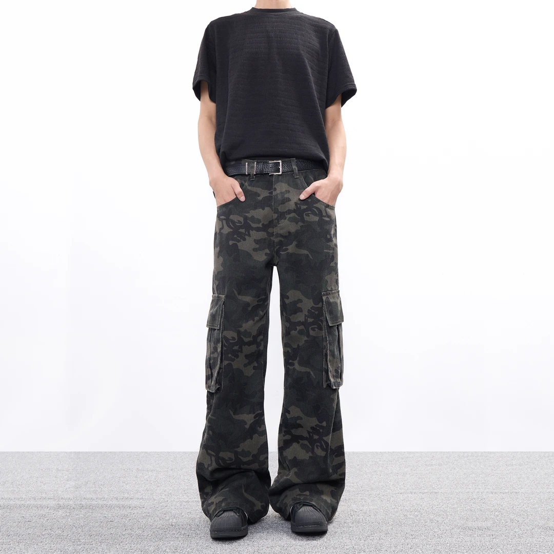 【迷彩工装】牛仔裤男款潮牌高街直筒微喇叭休闲口袋长裤ins百搭