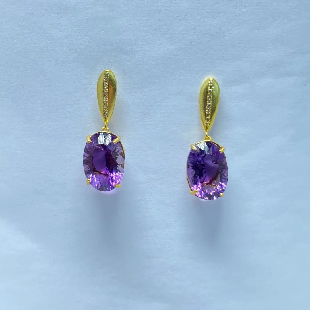 银镶紫水晶耳钉 12.35ct 百搭气质