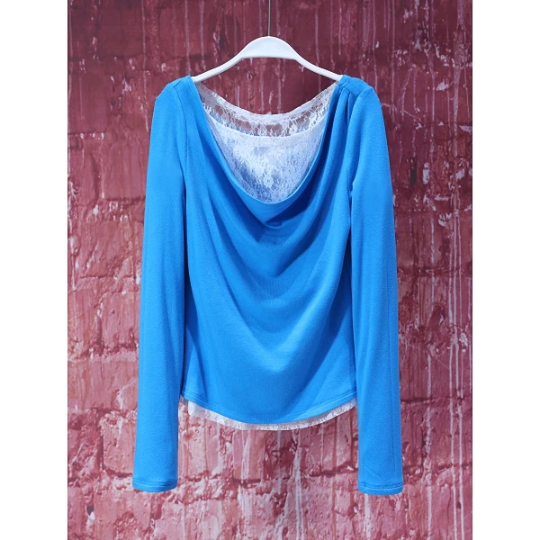 【韩哥女装】小众设计师款景泰蓝拼接假蕾丝假两件上衣7200