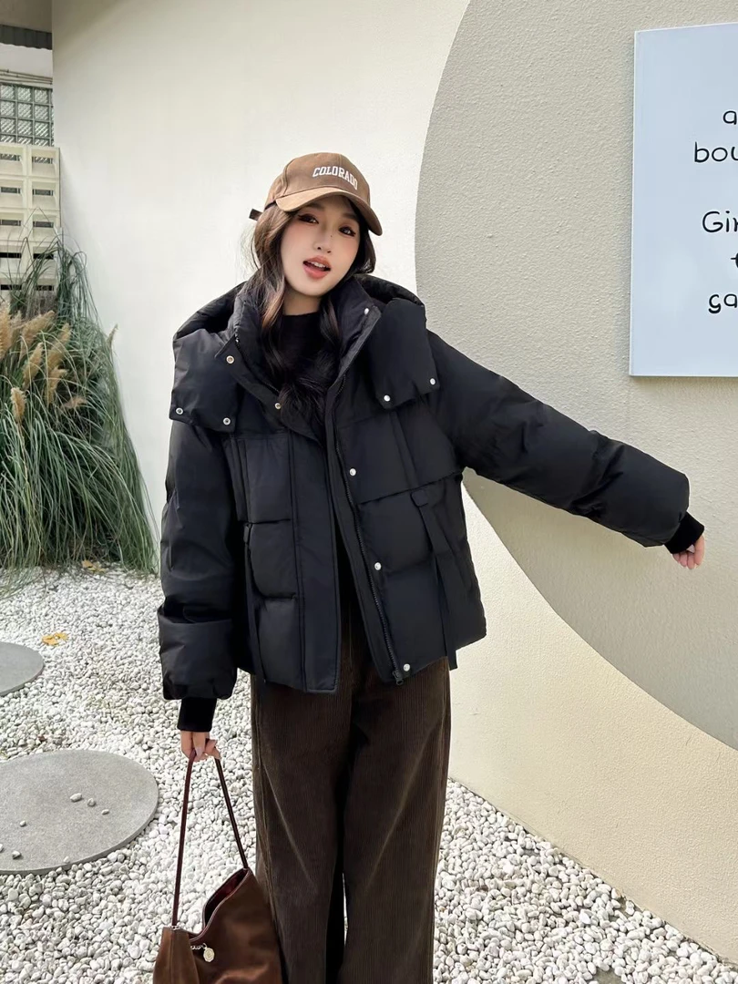 连帽休闲保暖韩版纯色百搭简约加厚羽绒服