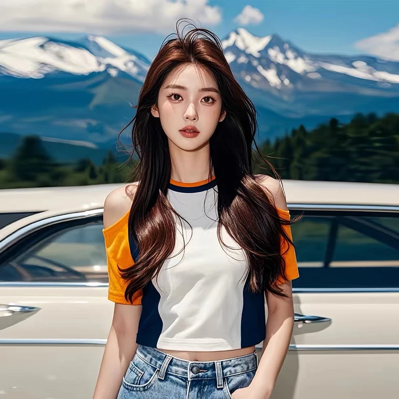 辣妹风短款短款t恤女夏季2025新款爆款洋气独特撞色露肩短袖上衣