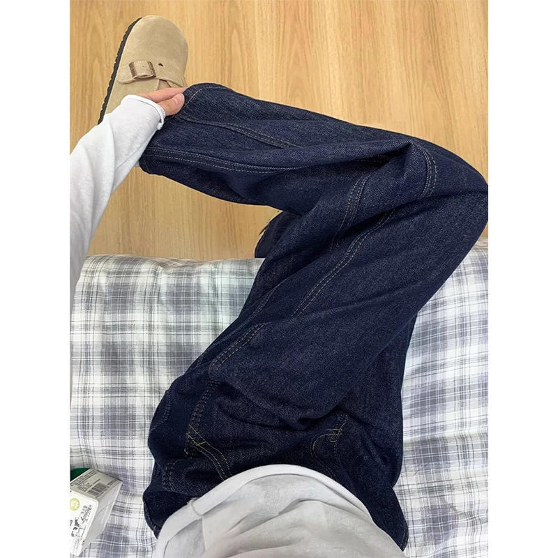 美式复古深蓝色阔腿牛仔裤女春季胖mm梨形身材宽松显瘦高腰直筒裤