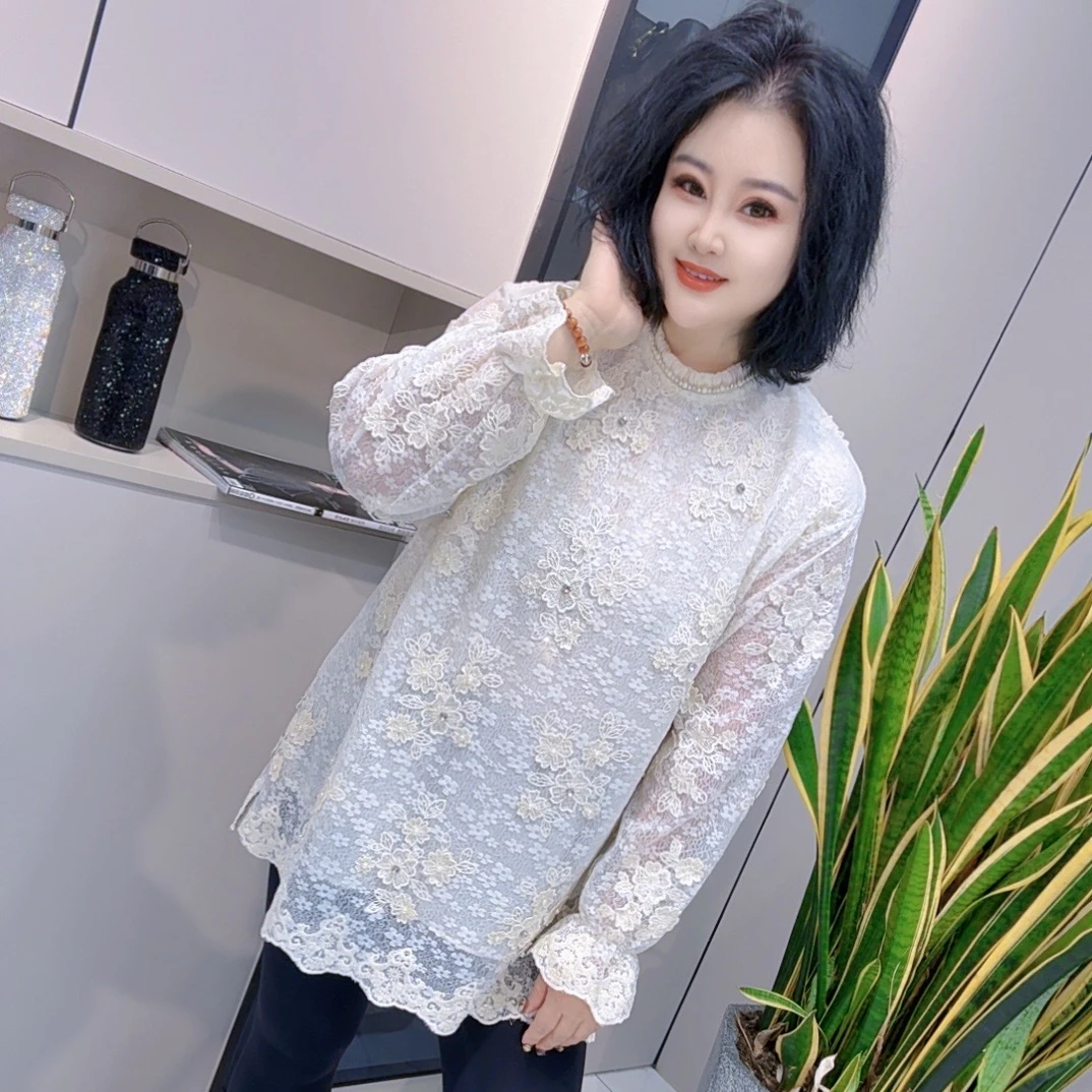 【娟姐定制】3165欧货重工3D立体刺绣花瓣寸领珍珠圆领时尚蕾丝衫
