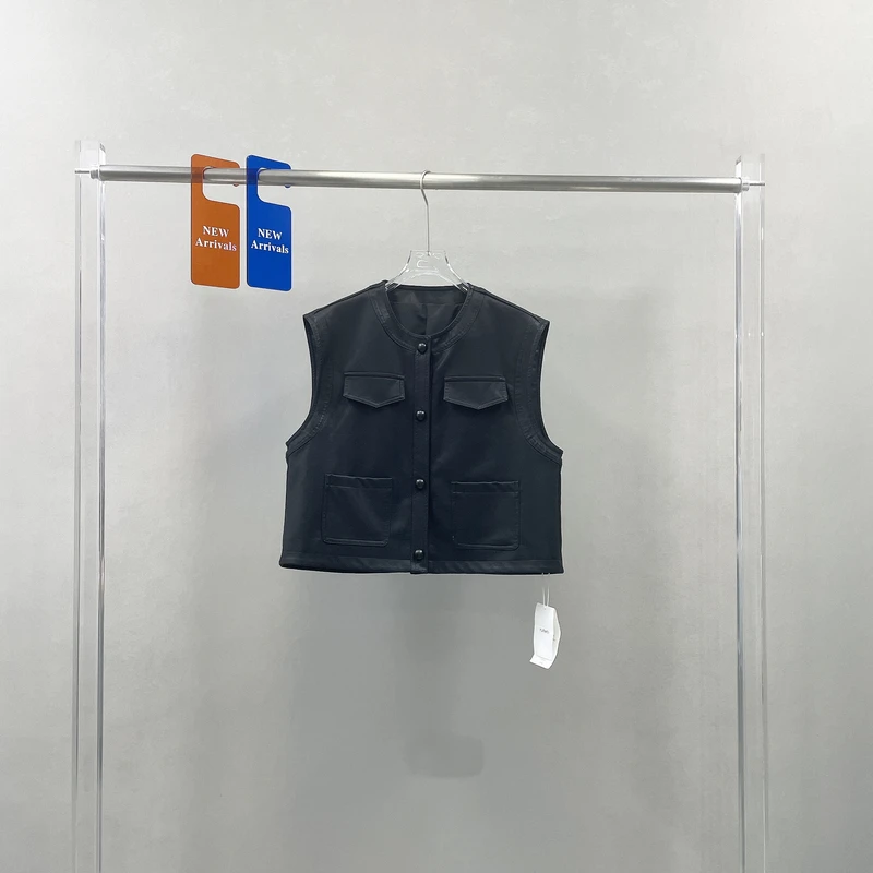 高端欧货2025年春季新款圆领简约时尚设计坎肩无袖pu皮马甲女5736