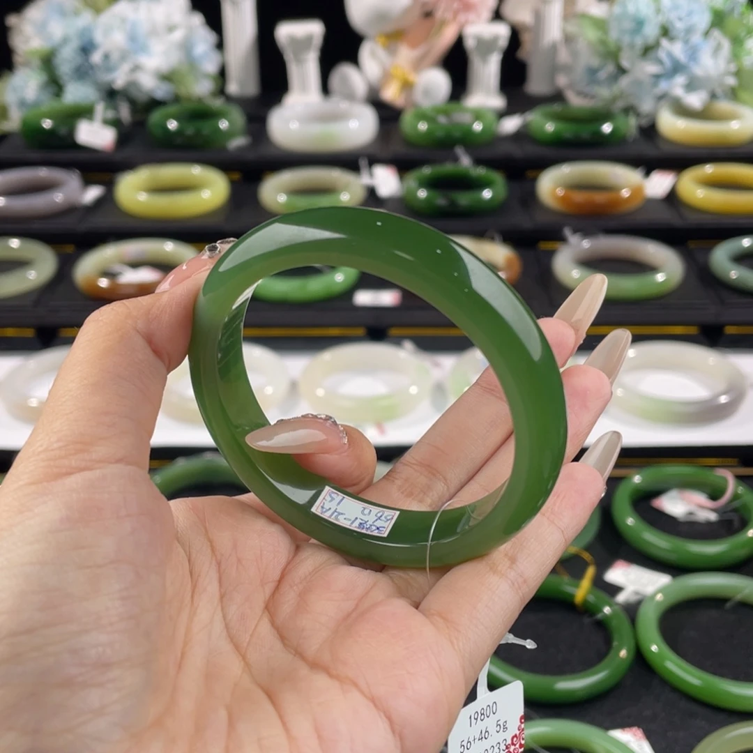 和田玉未镶嵌手镯俄碧冰底阳绿56mm