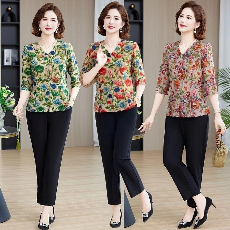 夏季新款国风宽松中老年女装洋气七分袖套装气质减龄显瘦妈妈装