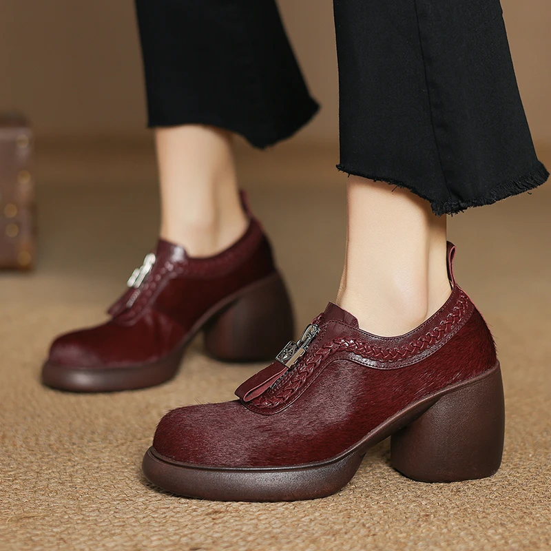 羊皮/跟高8cm/复古单鞋春秋舒适真皮软底妈妈鞋粗跟中跟百搭气质