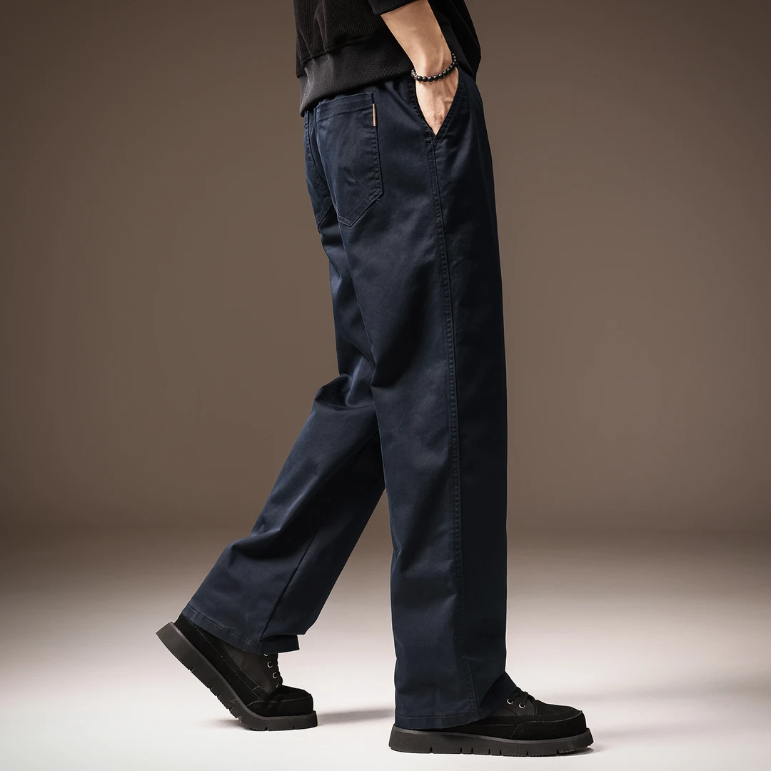 高端简约直筒藏青色休闲裤男士冬季加绒美式复古宽松大码阔腿裤男