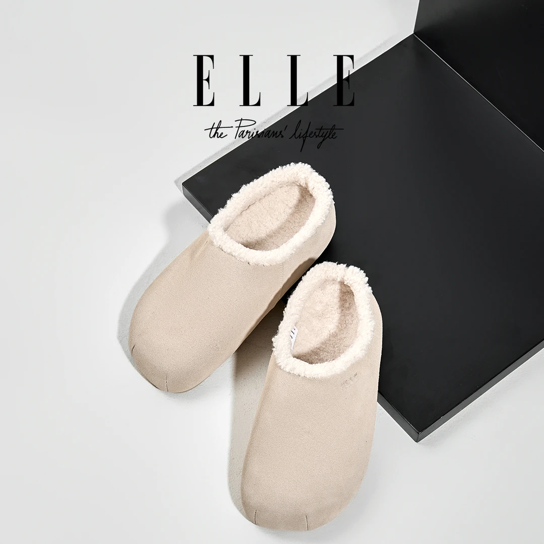 ELLE隐形内增高全包勃肯女复古一脚蹬懒人棉鞋加绒保暖毛毛博肯鞋