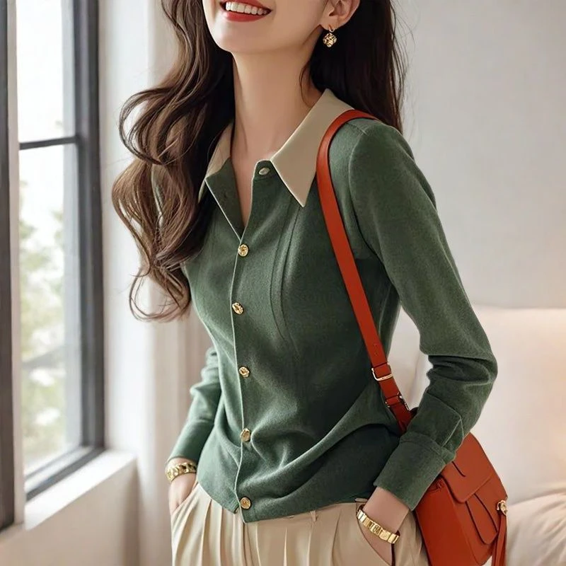 2024年秋冬设计感小众撞色POLO领针织衫女独特别致单排扣内搭衬衫