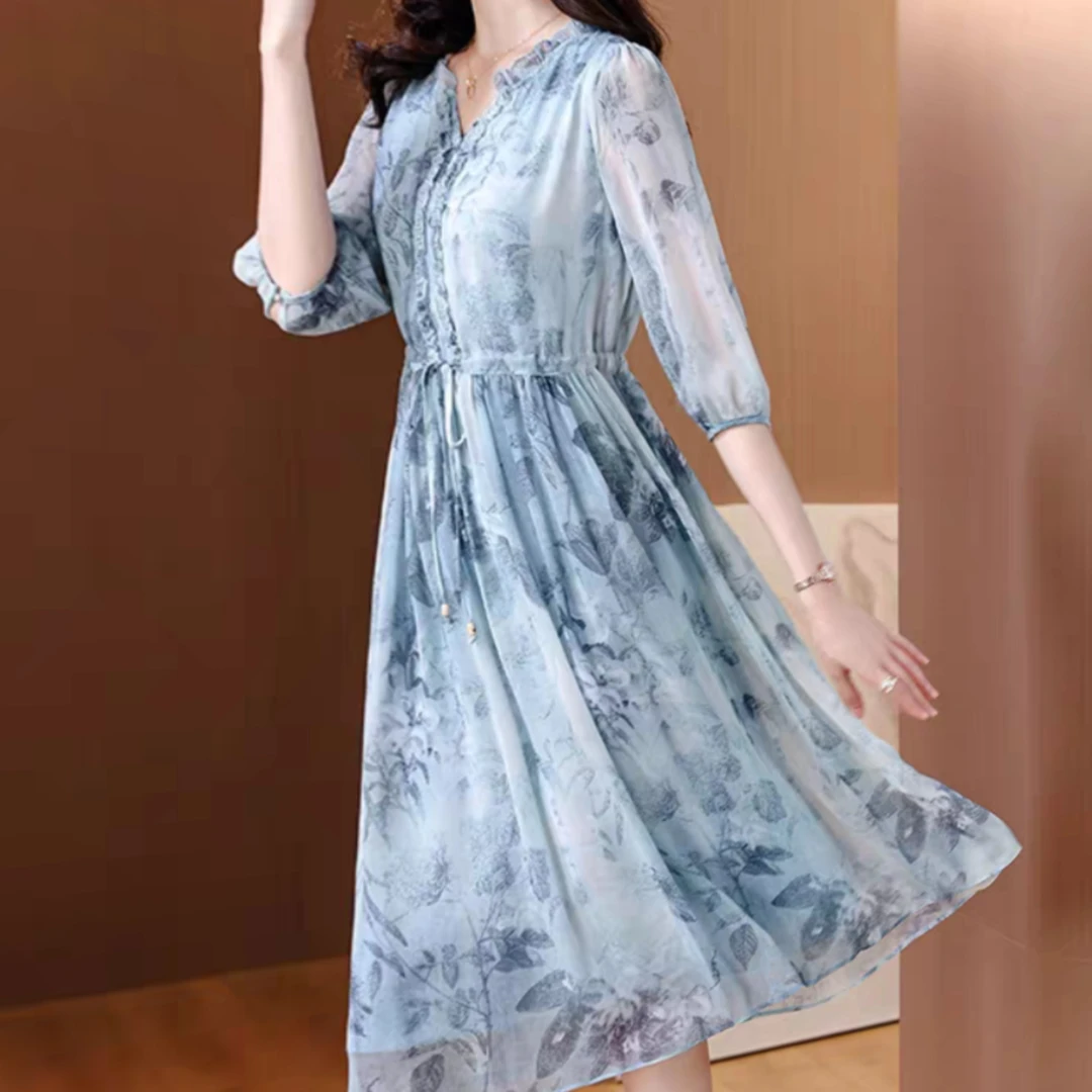 优雅气质2025碎花中腰抽带显瘦时尚精致连衣裙