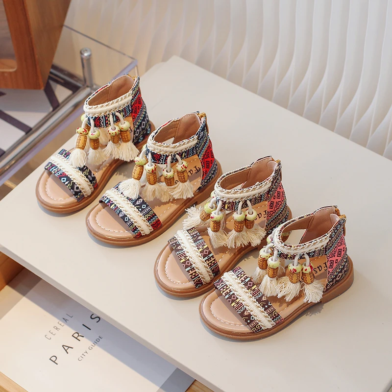 宝宝童鞋夏季新款女童凉鞋时尚洋气公主鞋民族风流苏软底休闲鞋