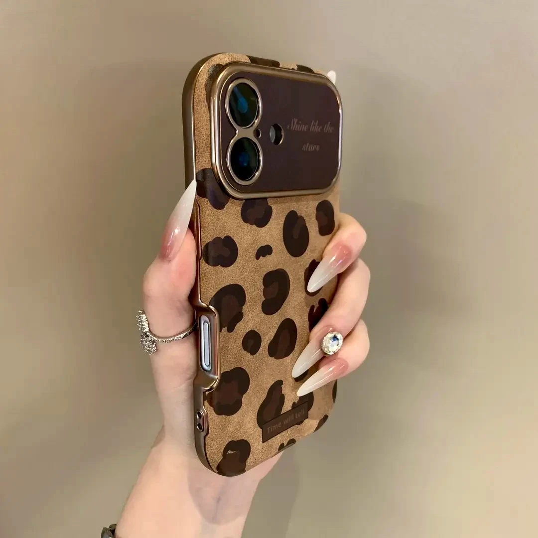 奥菲顿棕豹纹大视窗翻毛皮适用iPhone17/16/15pro手机壳苹果14/13