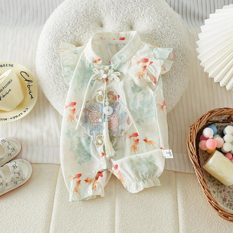 婴儿新中式连体衣夏装女宝宝满月百天周岁古风礼服纯棉超薄款哈衣