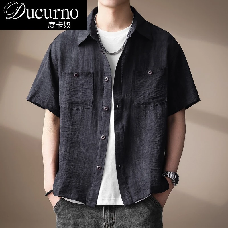 高端美式凉感透气亚麻提花衬衫男衬衣薄款扎染古巴领休闲短袖宽松