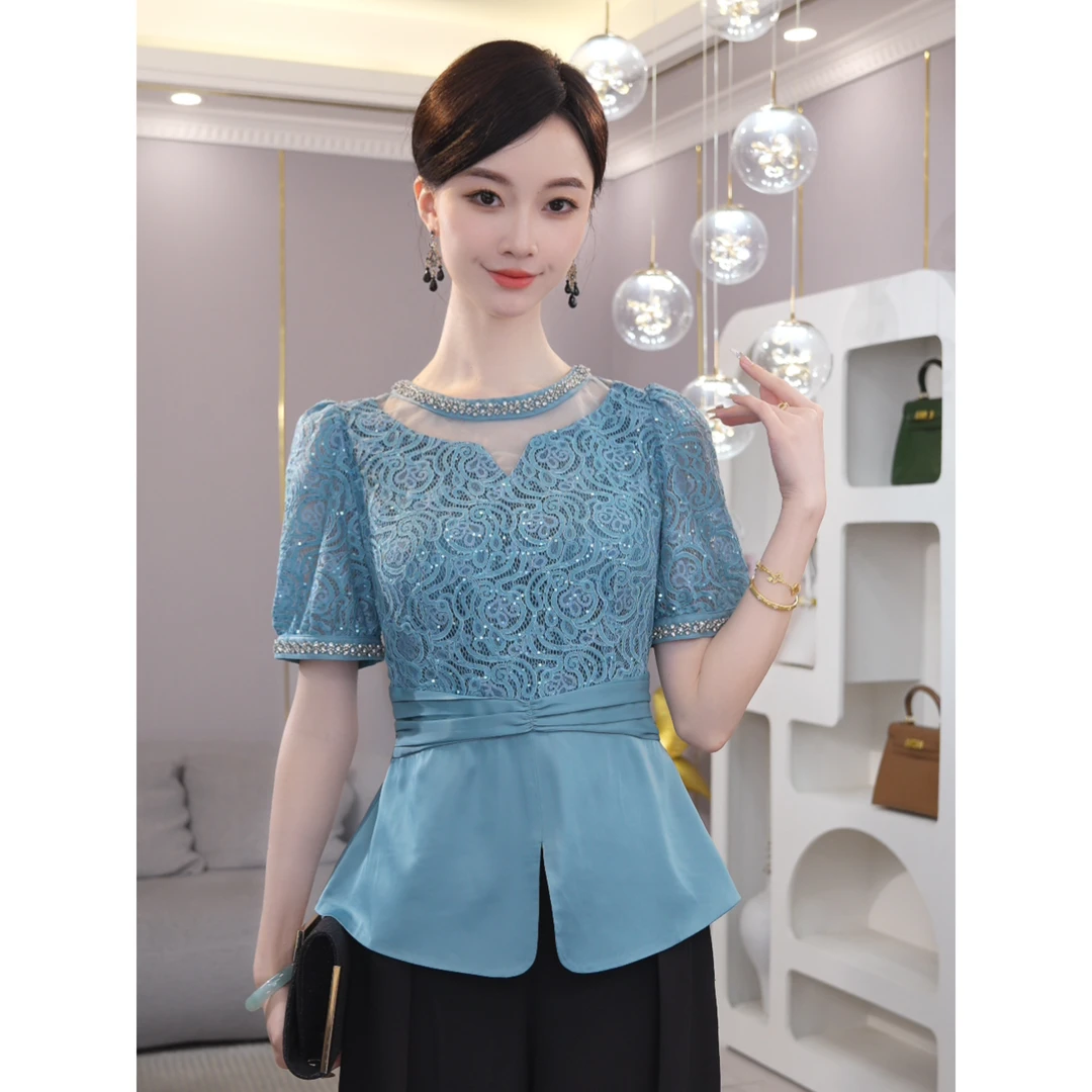 2025夏季新款【LT-1177】精致小众网纱蕾丝薄款蓝色气质衬衫上衣女