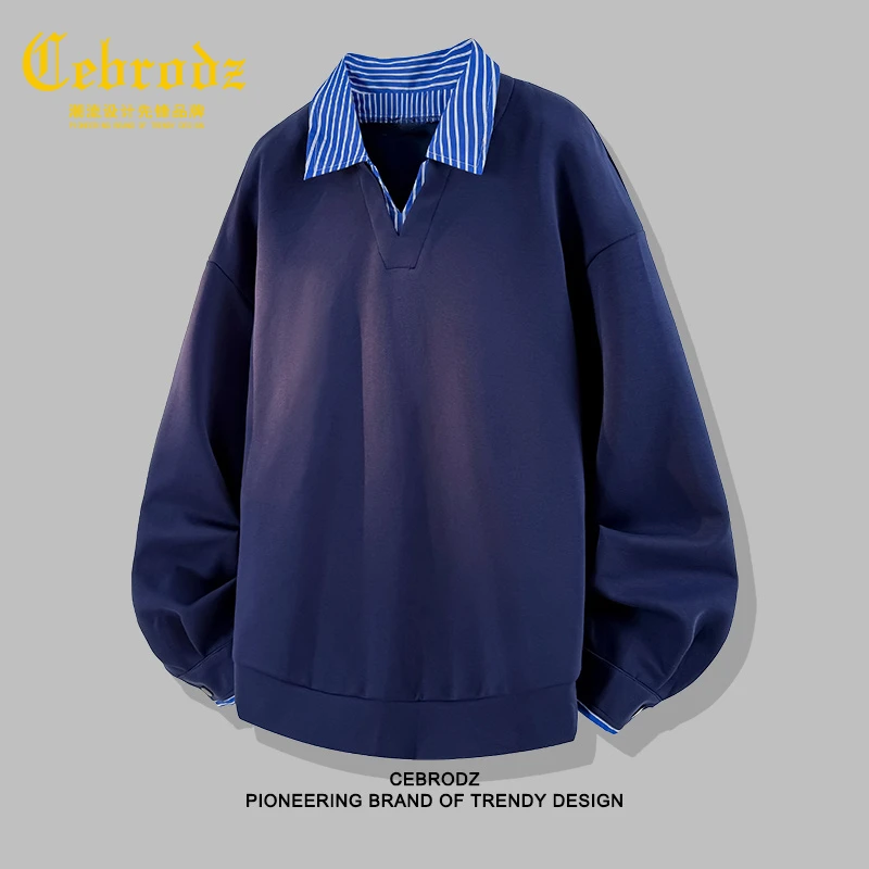 法国Cebrodz商务卫衣男秋季2025新款外搭假两件衬衫领长袖t恤休闲