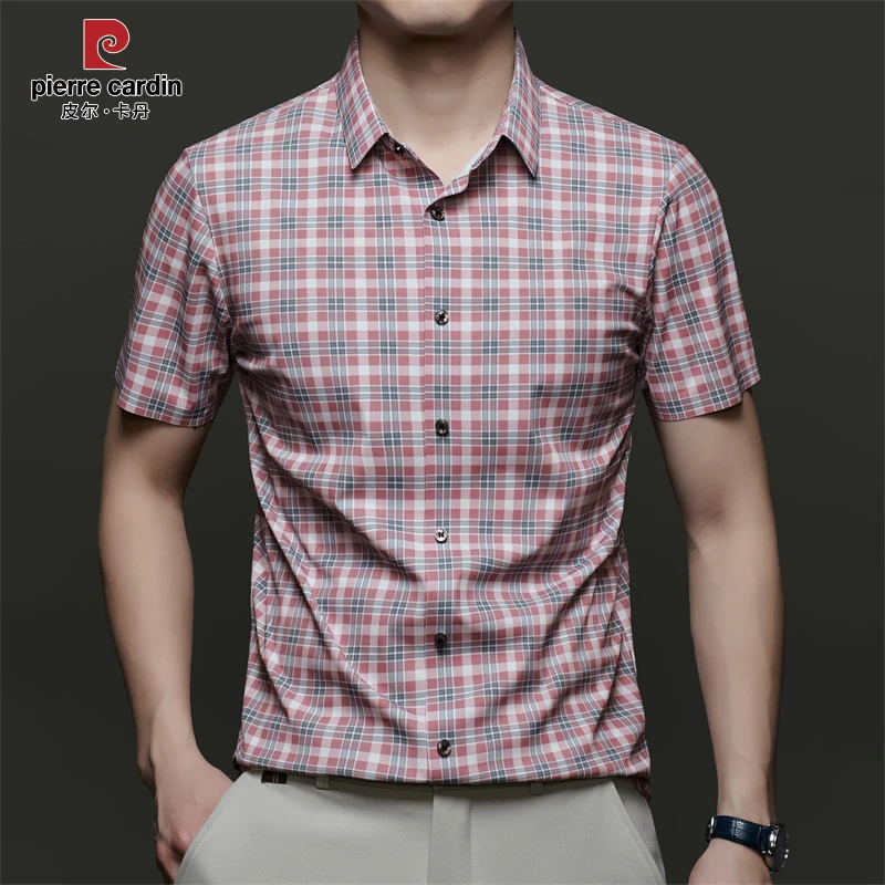 皮尔卡丹夏季【冰氧丝】男士短袖衬衣翻领休闲格子薄款透气舒适衬衫