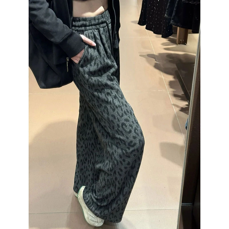 300斤黑色豹纹阔腿休闲裤女冬季加绒裤子大码胖mm慵懒宽松糯米裤