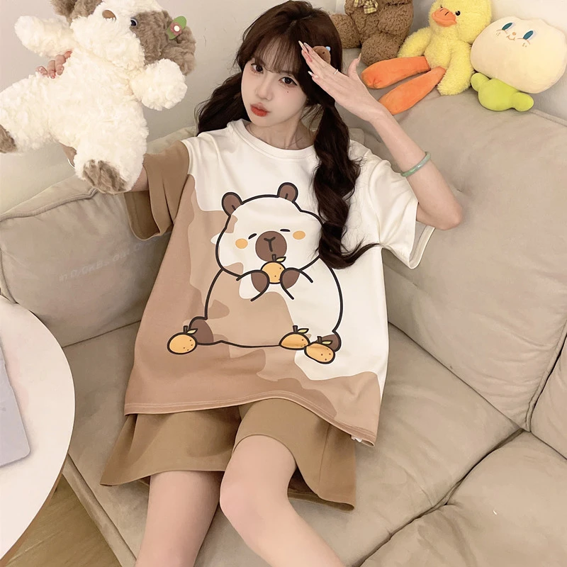 睡衣女夏季纯棉短袖短裤薄款卡通学生加大码少女生家居服夏款套装