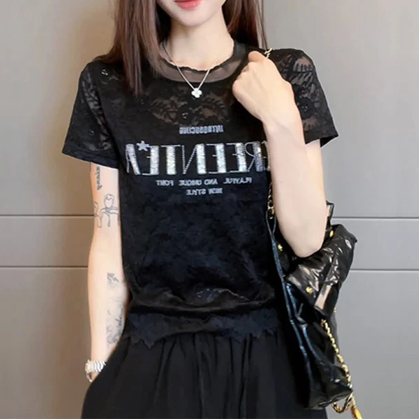 重工亮片刺绣蕾丝衫女短袖夏季减龄休闲百搭独特漂亮洋气上衣5013