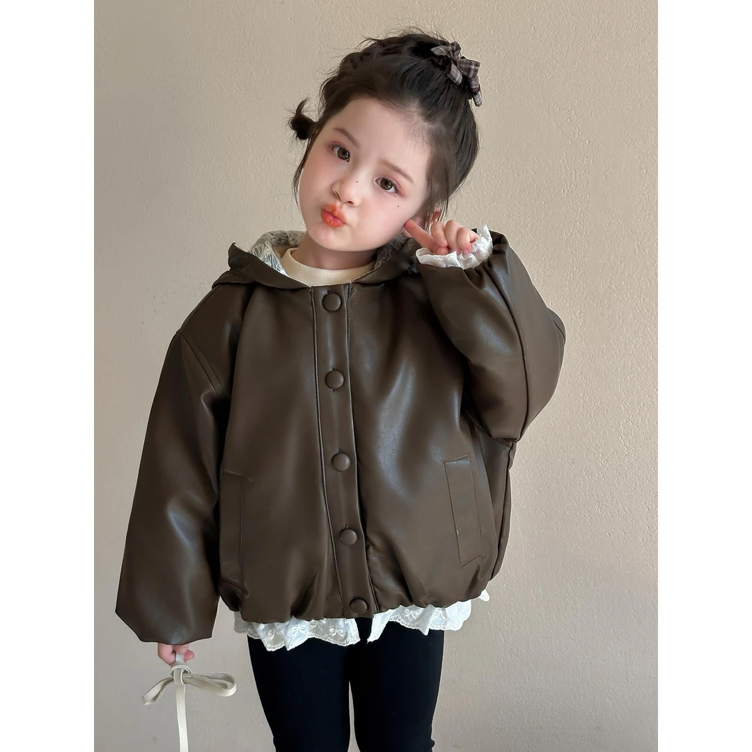 女童花边加绒皮衣秋冬季2025新款网红女宝宝时髦洋气保暖冬装外套