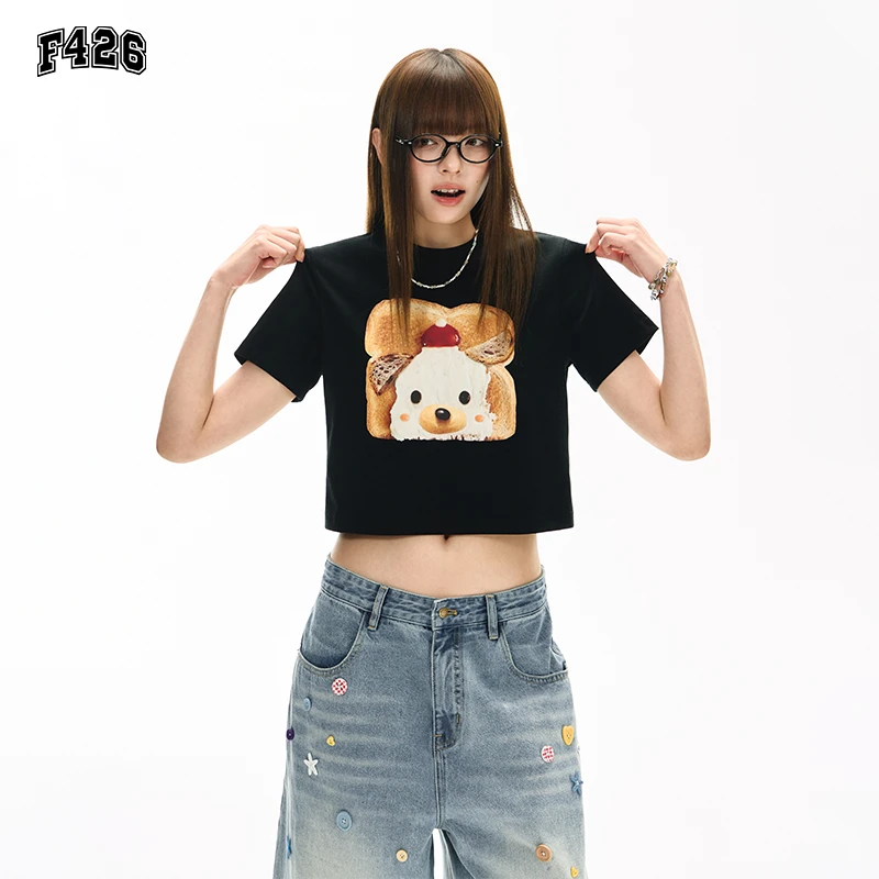 F426潮牌夏季休闲穿搭短袖正肩圆领宽松显瘦t恤百搭印花上衣6885