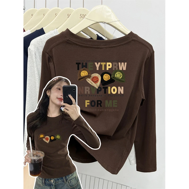 复古正肩长袖t恤女ins减龄显瘦大码女装高弹力棉修身胖mm圆领上衣