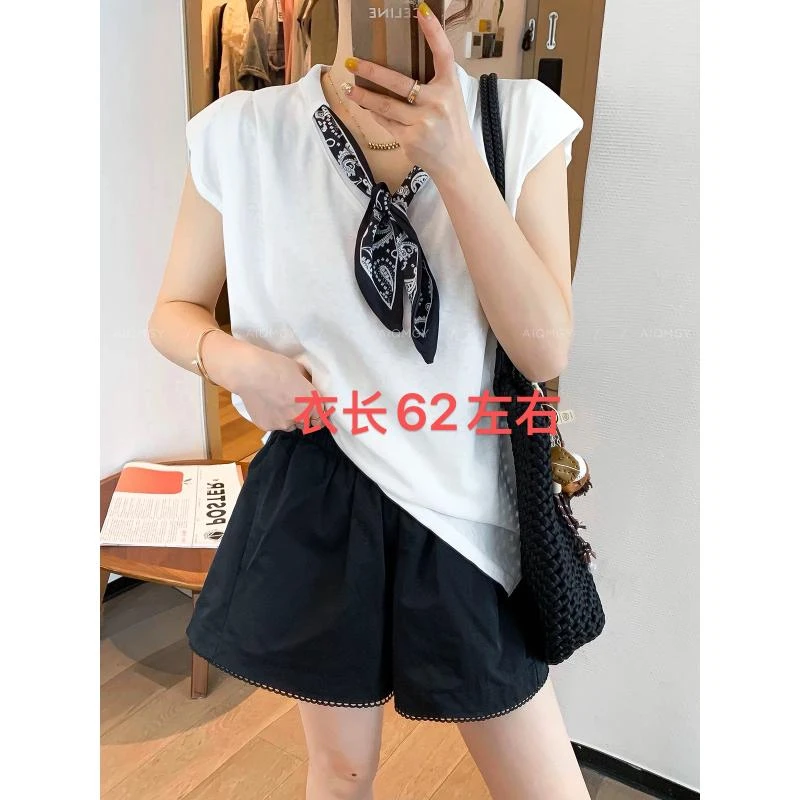 一支羽2585白色小飞袖丝巾T恤夏季新款宽松显瘦纯色上衣