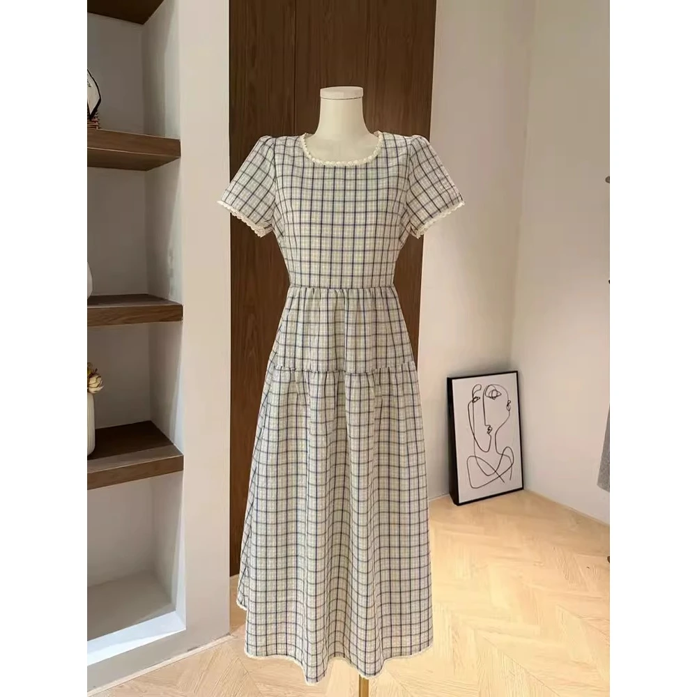 孕妇夏季甜美花边方领短袖格子连衣裙女显瘦遮肉气质长裙