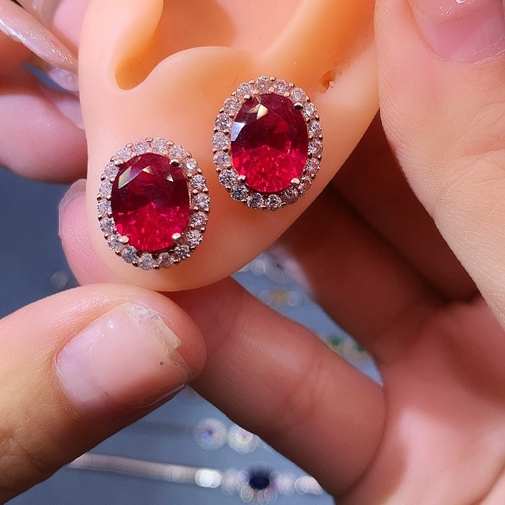 红宝石耳饰银S925镶嵌