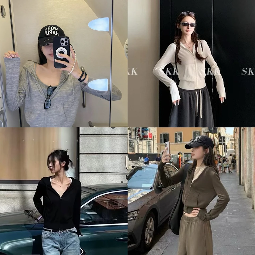 纯色拉长袖连帽短款外套早秋韩系收腰设计感ins休闲百搭女上衣