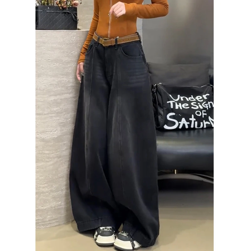 小个子黑色牛仔裤女2025新款冬季爆款裤子加绒加厚高腰宽松阔腿裤