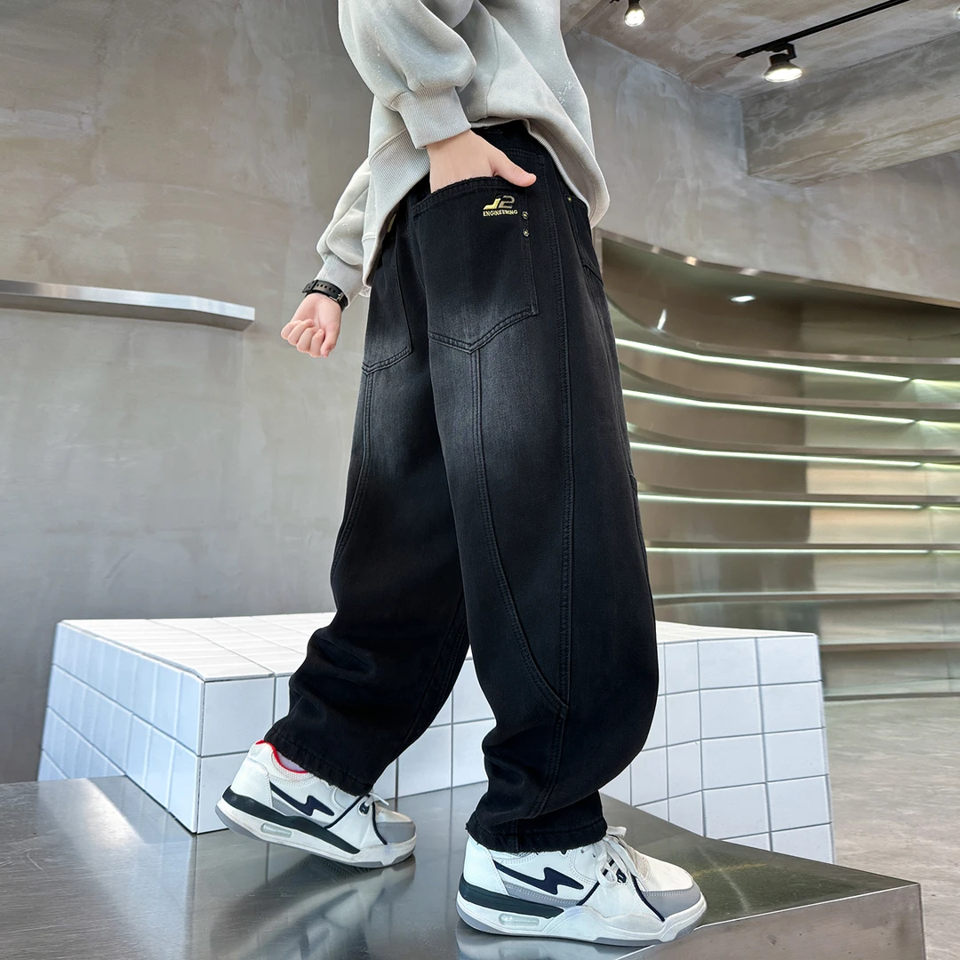 童装男童秋冬款加绒牛仔裤中大童儿童2025新款秋冬装黑色百搭裤子