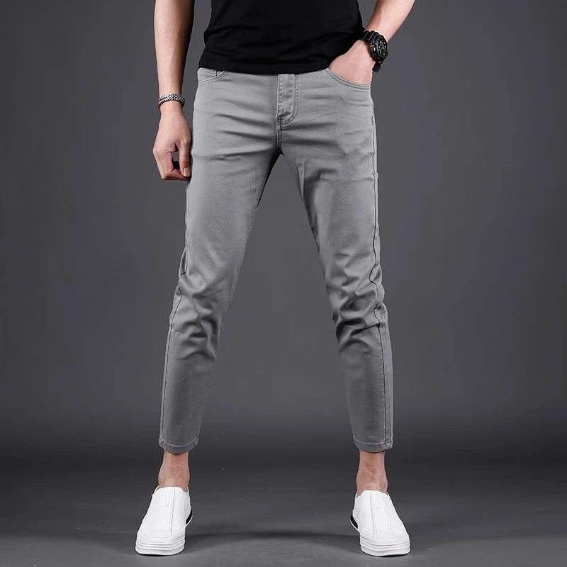 高档灰色牛仔裤男款爆款2025新款夏季薄款修身小脚高端弹力九分裤